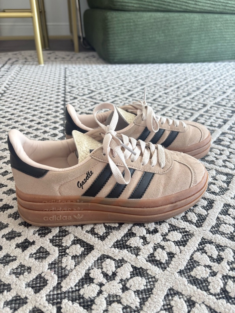 Adidas Gazelle beige suede platform sneakers with black stripes